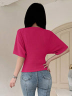 Dazy Designer Women's V-Neck Pleated Texture T-Shirt shein
