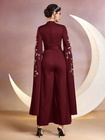 Modely Women Stand Collar Plant Embroidery Rhinestone Decor Ultra-Long Sleeve Wide-Leg Elegant Jumpsuit shein