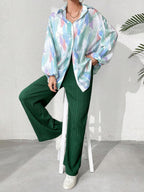 2pcs Women Shirt Collar Button Front Allover Print Long Sleeve Top And Pants shein