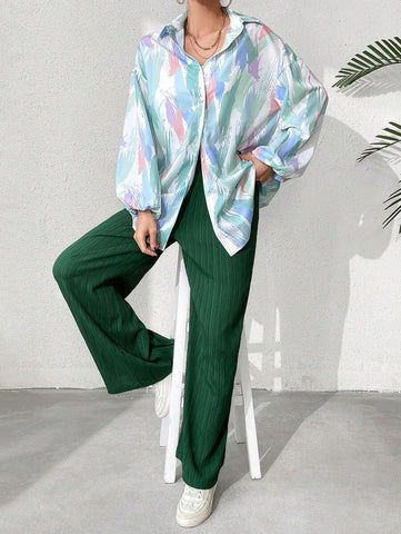 2pcs Women Shirt Collar Button Front Allover Print Long Sleeve Top And Pants