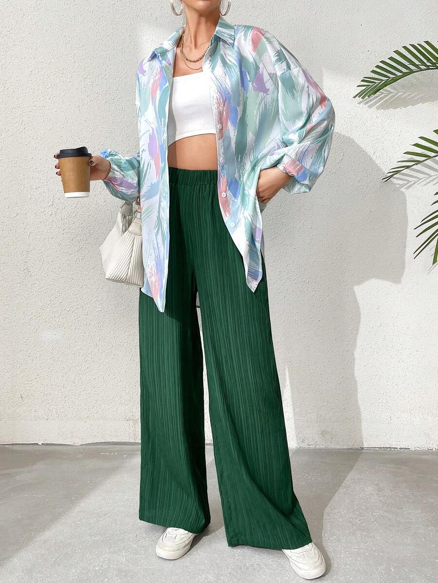 2pcs Women Shirt Collar Button Front Allover Print Long Sleeve Top And Pants shein