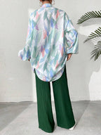 2pcs Women Shirt Collar Button Front Allover Print Long Sleeve Top And Pants shein