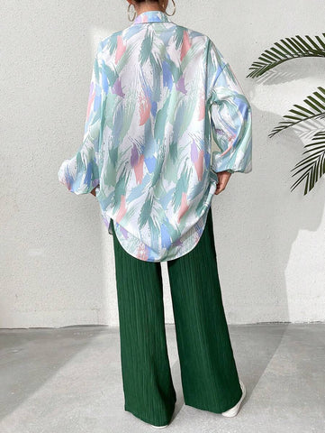 2pcs Women Shirt Collar Button Front Allover Print Long Sleeve Top And Pants