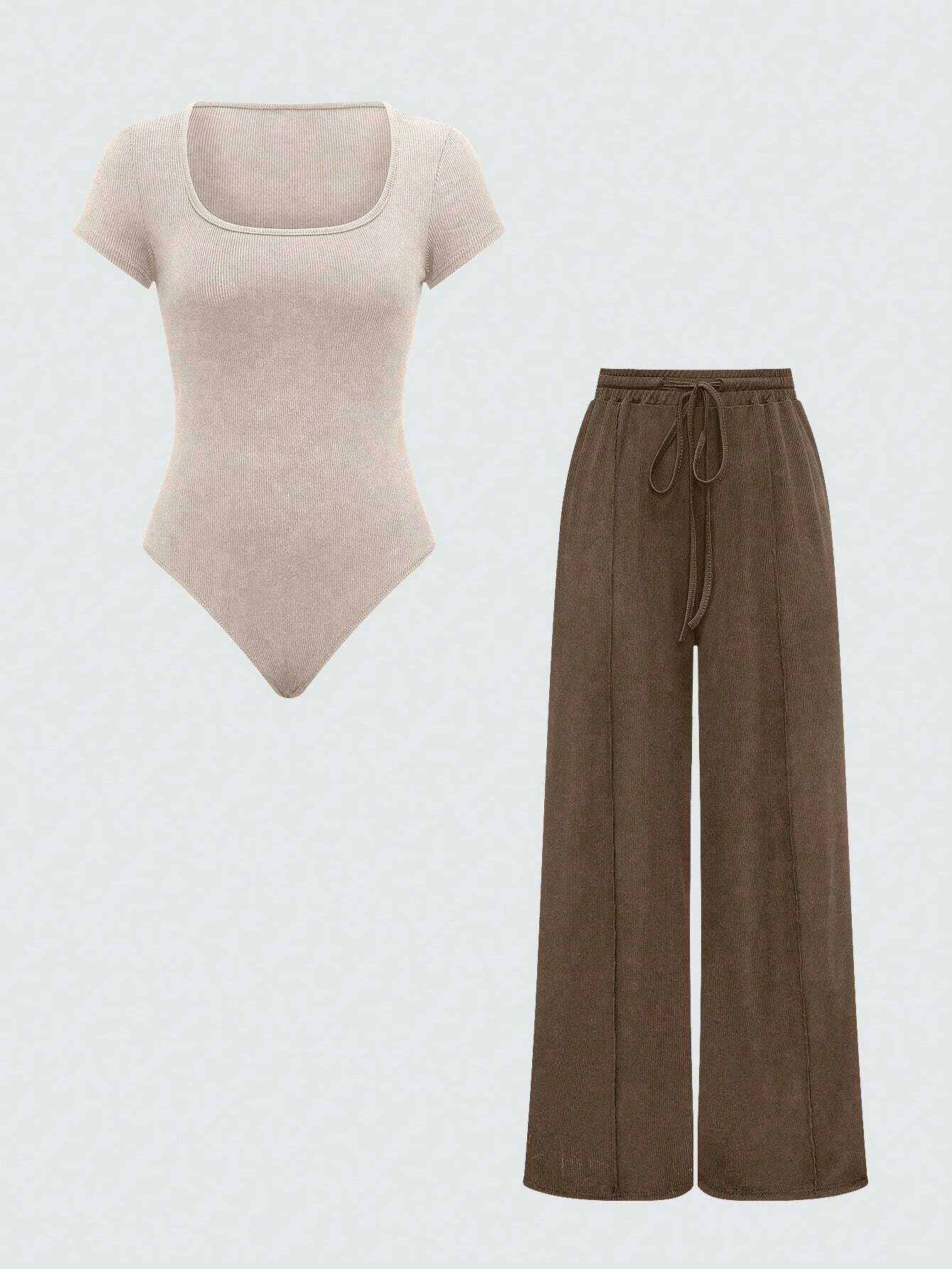 EZwear Plain Color Asymmetric Hem Top And Pants Two Piece Set shein