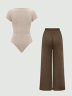 EZwear Plain Color Asymmetric Hem Top And Pants Two Piece Set shein