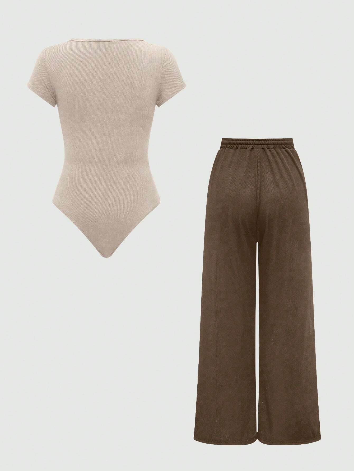 EZwear Plain Color Asymmetric Hem Top And Pants Two Piece Set shein