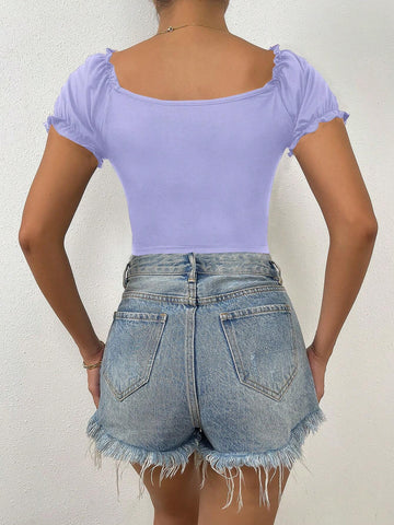 Raffinéa Ruched Front Sweetheart Neck Puff Sleeve Crop Tee