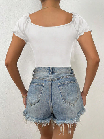 Raffinéa Ruched Front Sweetheart Neck Puff Sleeve Crop Tee