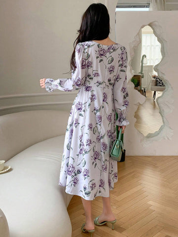 DAZY Floral Print Flounce Sleeve Ruffle Hem Dress shein