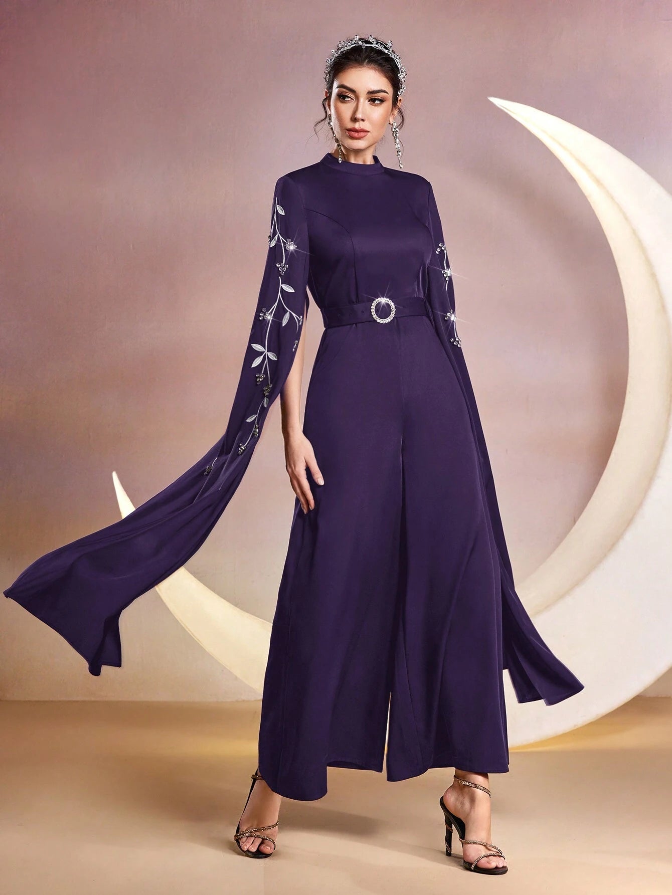 Modely Women Stand Collar Plant Embroidery Rhinestone Decor Ultra-Long Sleeve Wide-Leg Elegant Jumpsuit shein