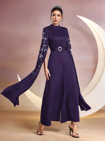 Modely Women Stand Collar Plant Embroidery Rhinestone Decor Ultra-Long Sleeve Wide-Leg Elegant Jumpsuit shein