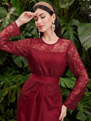 Modely Elegant Lace Splice Belted Dress shein