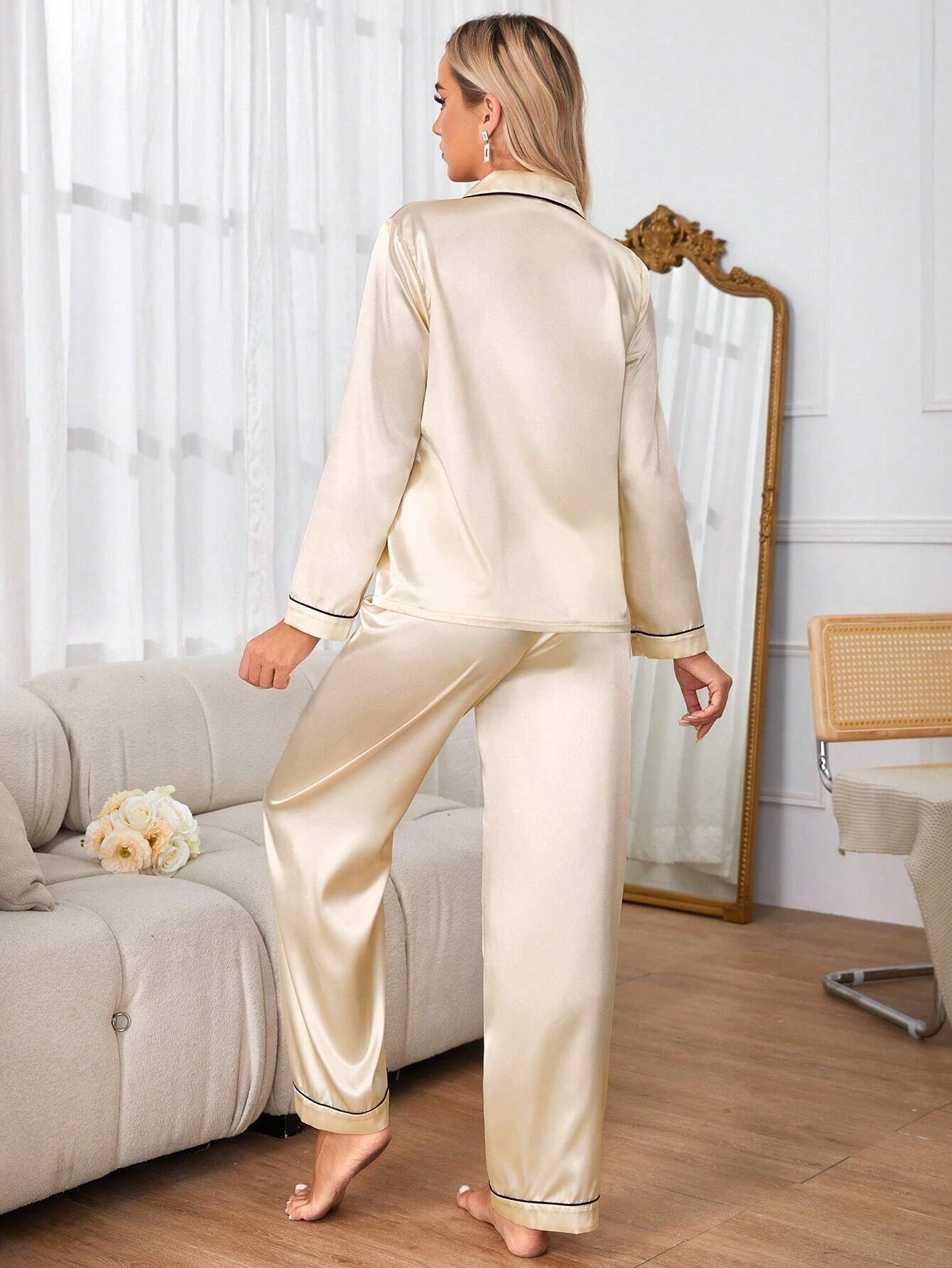 Women's Contrast Banded Collar Long Sleeve Pants Pajama Set shein
