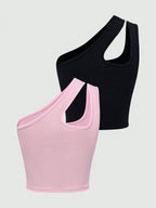 EZwear Summer Casual Crop Top With One Shoulder And Stripes Pattern shein