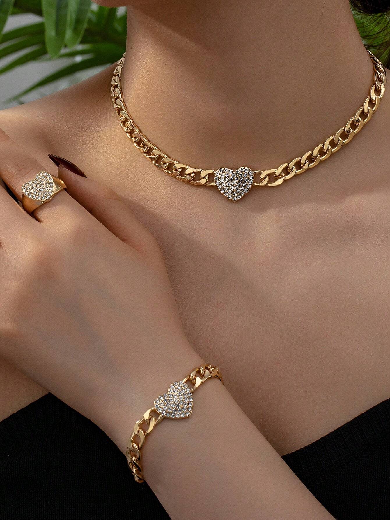 1set Women's Elegant Geometric Heart Diamond Inlaid Pendant Necklace & Bracelet And Heart Diamond Ring shein