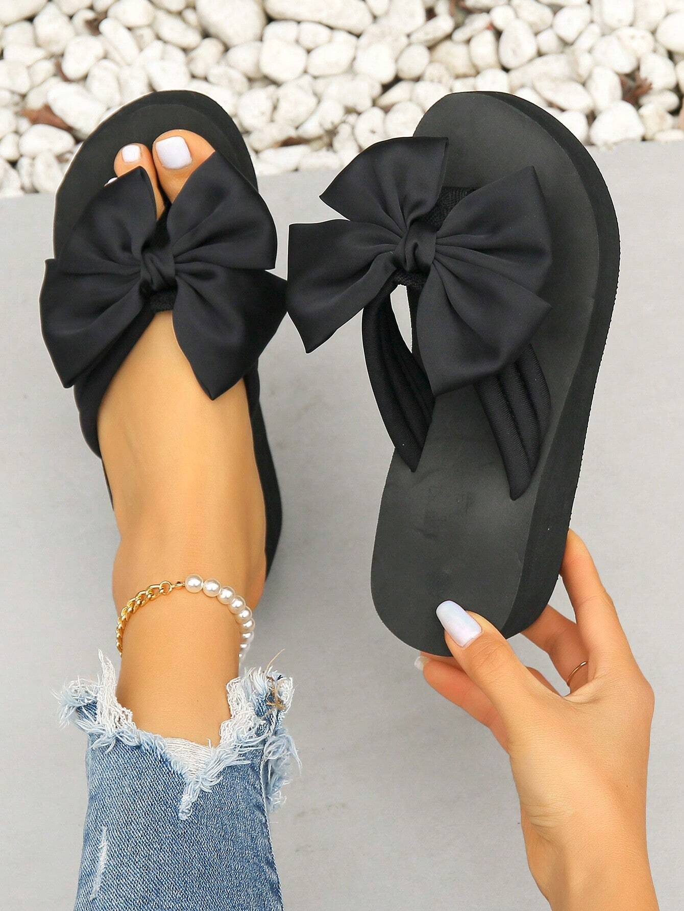 Bowknot Flip-Flops For Women, Summer Fashionable High-Heeled Slipper shein