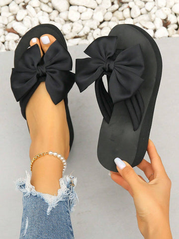 Bowknot Flip-Flops For Women, Summer Fashionable High-Heeled Slipper shein
