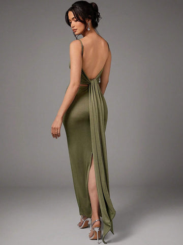 BAE Green Love Collar Sexy Big Backless Tie Streamer S Tight Stretch Long Dress shein