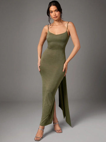 BAE Green Love Collar Sexy Big Backless Tie Streamer S Tight Stretch Long Dress shein