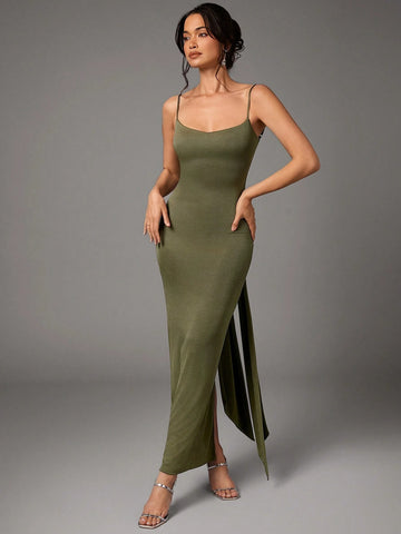 BAE Green Love Collar Sexy Big Backless Tie Streamer S Tight Stretch Long Dress shein