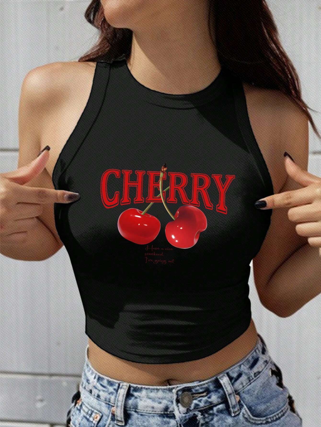 EZwear Women's Cherry Pattern Casual Simple Slim Fit Crop Tank Top shein
