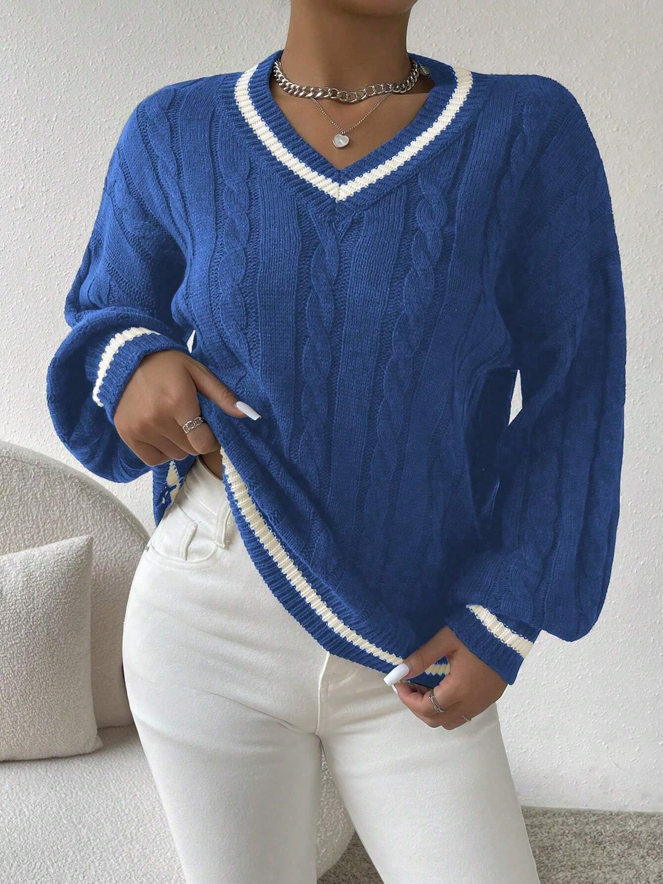 Relaxiva Striped Trim Cable Knit Drop Shoulder Sweater shein