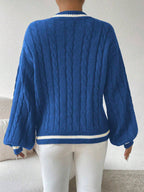 Relaxiva Striped Trim Cable Knit Drop Shoulder Sweater shein
