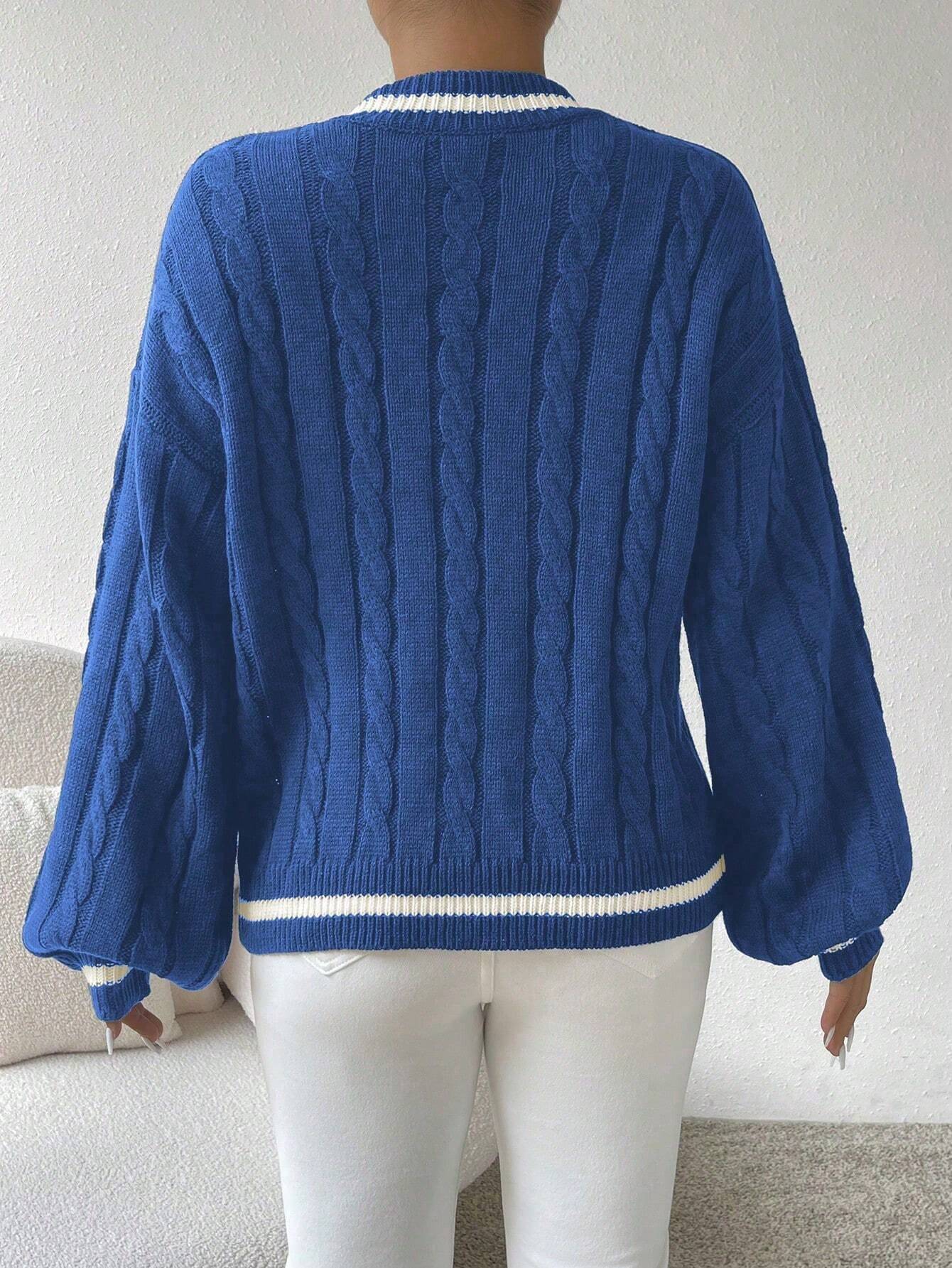 Relaxiva Striped Trim Cable Knit Drop Shoulder Sweater shein