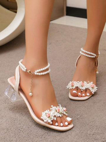 Women Flower Decor Clear Chunky Heeled Ankle Strap Sandals shein