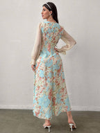 Modely Floral Printed Sweetheart Neckline Waist Gathering Dress shein