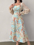 Modely Floral Printed Sweetheart Neckline Waist Gathering Dress shein