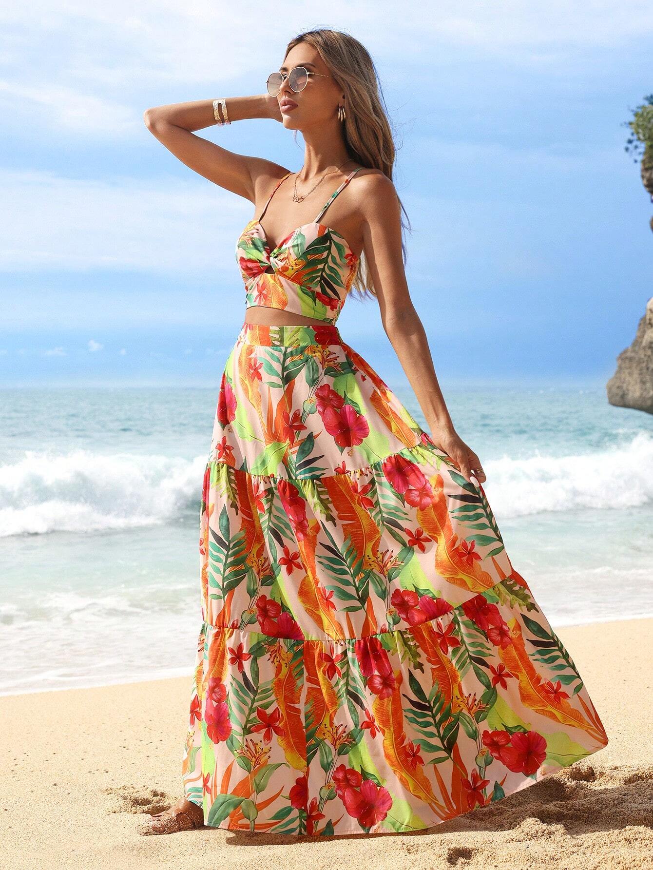 VCAY Floral Printed Spaghetti Strap Twist Front Sleeveless Top And Ruffled Hem Skirt shein