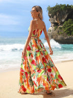 VCAY Floral Printed Spaghetti Strap Twist Front Sleeveless Top And Ruffled Hem Skirt shein