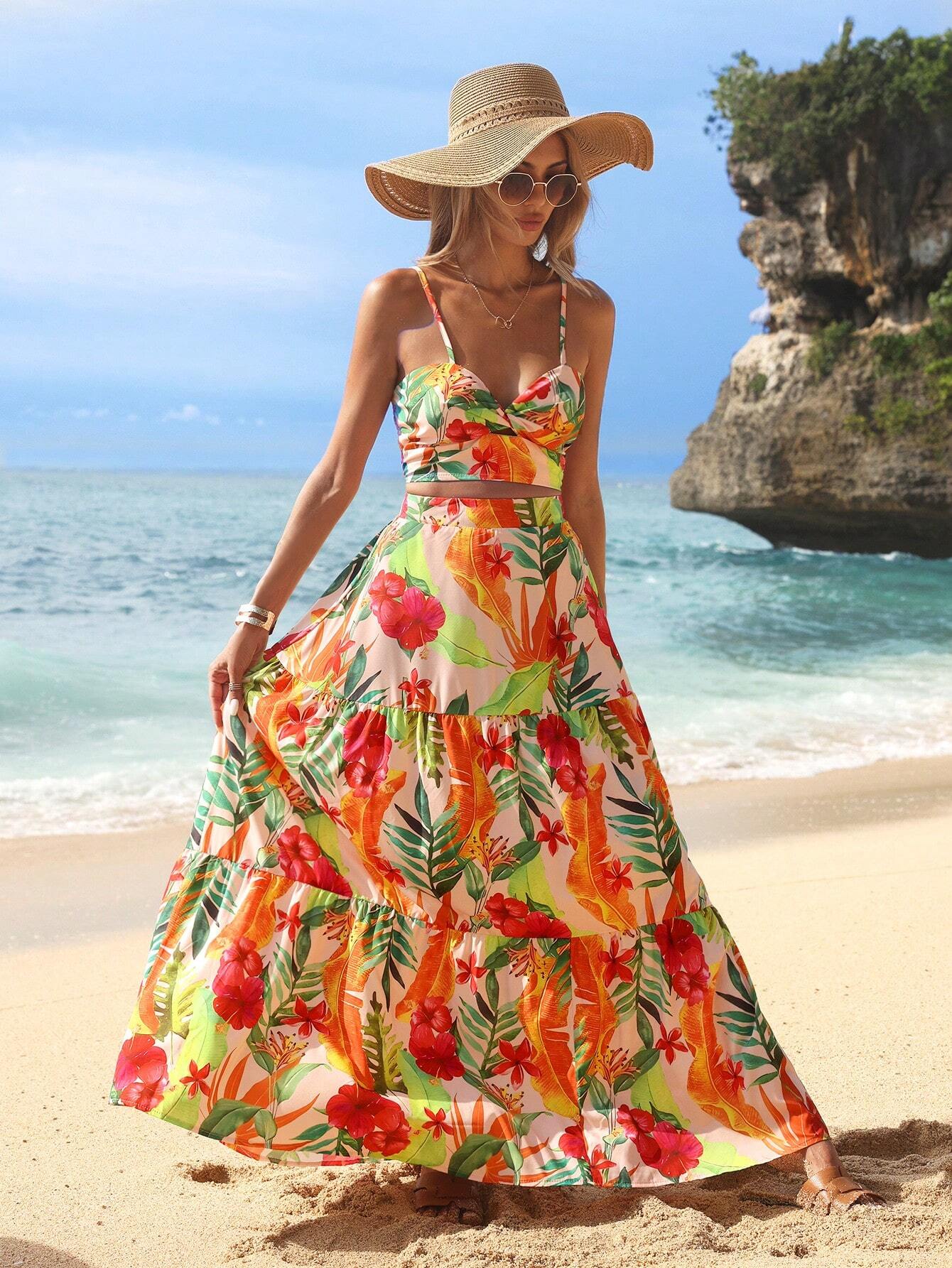 VCAY Floral Printed Spaghetti Strap Twist Front Sleeveless Top And Ruffled Hem Skirt shein