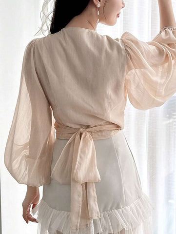 DAZY Floral Print Tie Back Lantern Sleeve Blouse