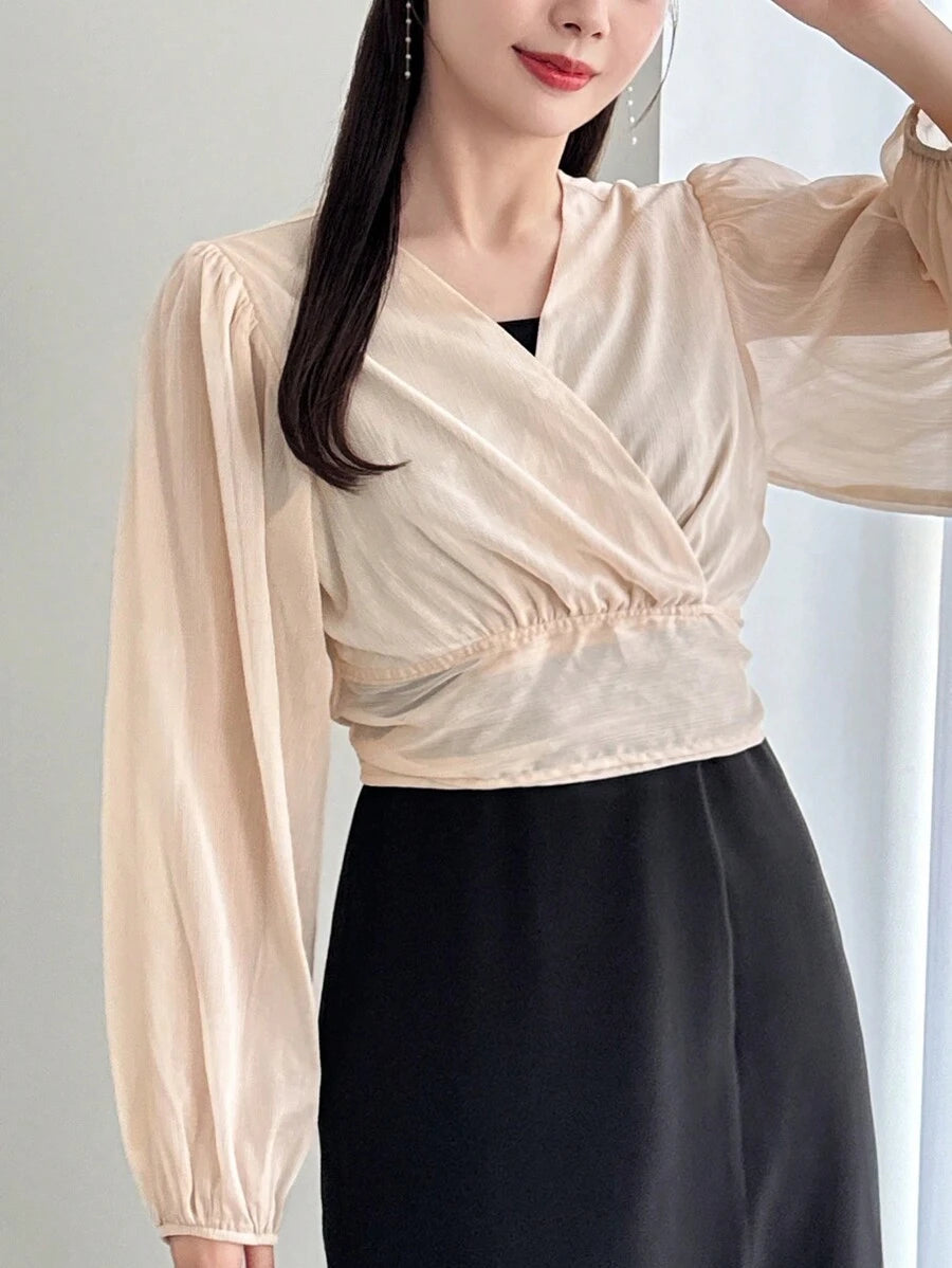 DAZY Floral Print Tie Back Lantern Sleeve Blouse shein