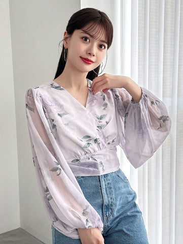 DAZY Floral Print Tie Back Lantern Sleeve Blouse