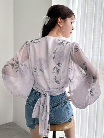 DAZY Floral Print Tie Back Lantern Sleeve Blouse