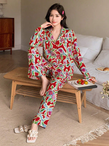 DAZY Floral Printed Long Sleeve Top And Pants Casual Pajamas Set shein