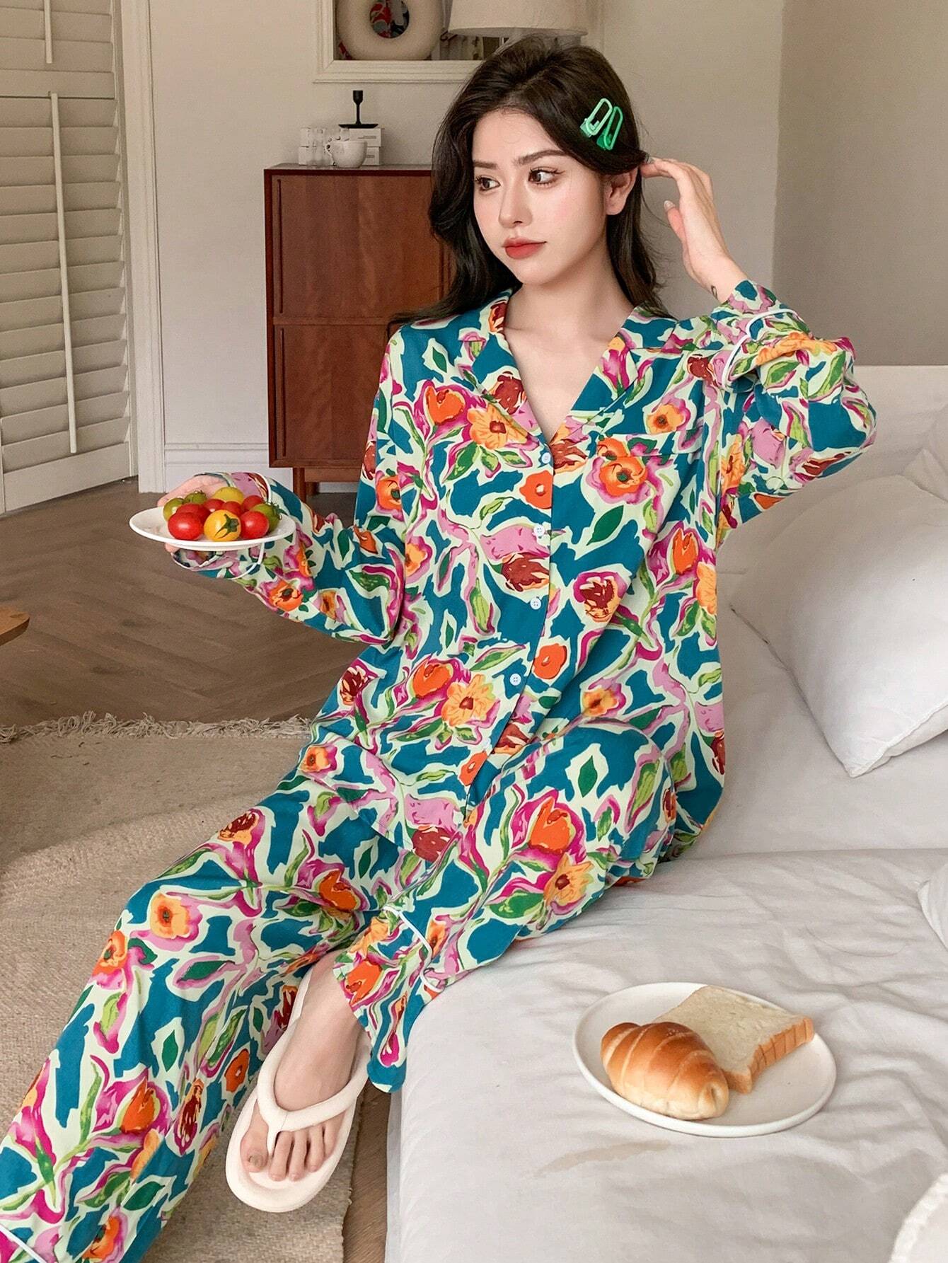 DAZY Floral Printed Long Sleeve Top And Pants Casual Pajamas Set shein