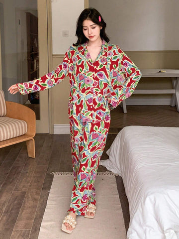 DAZY Floral Printed Long Sleeve Top And Pants Casual Pajamas Set shein