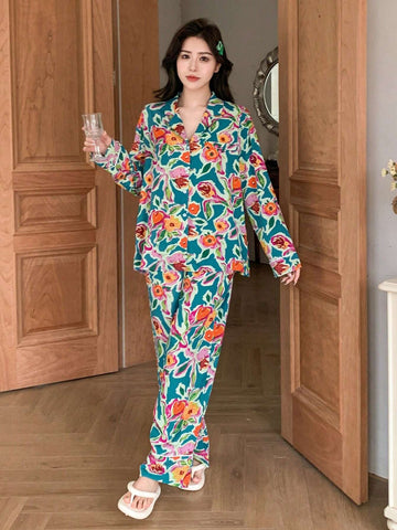 DAZY Floral Printed Long Sleeve Top And Pants Casual Pajamas Set shein