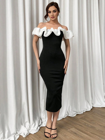 Elegant Fashionable Black And White Contrast Color Off Shoulder Ruffled Organza Spliced Slim Long Dress