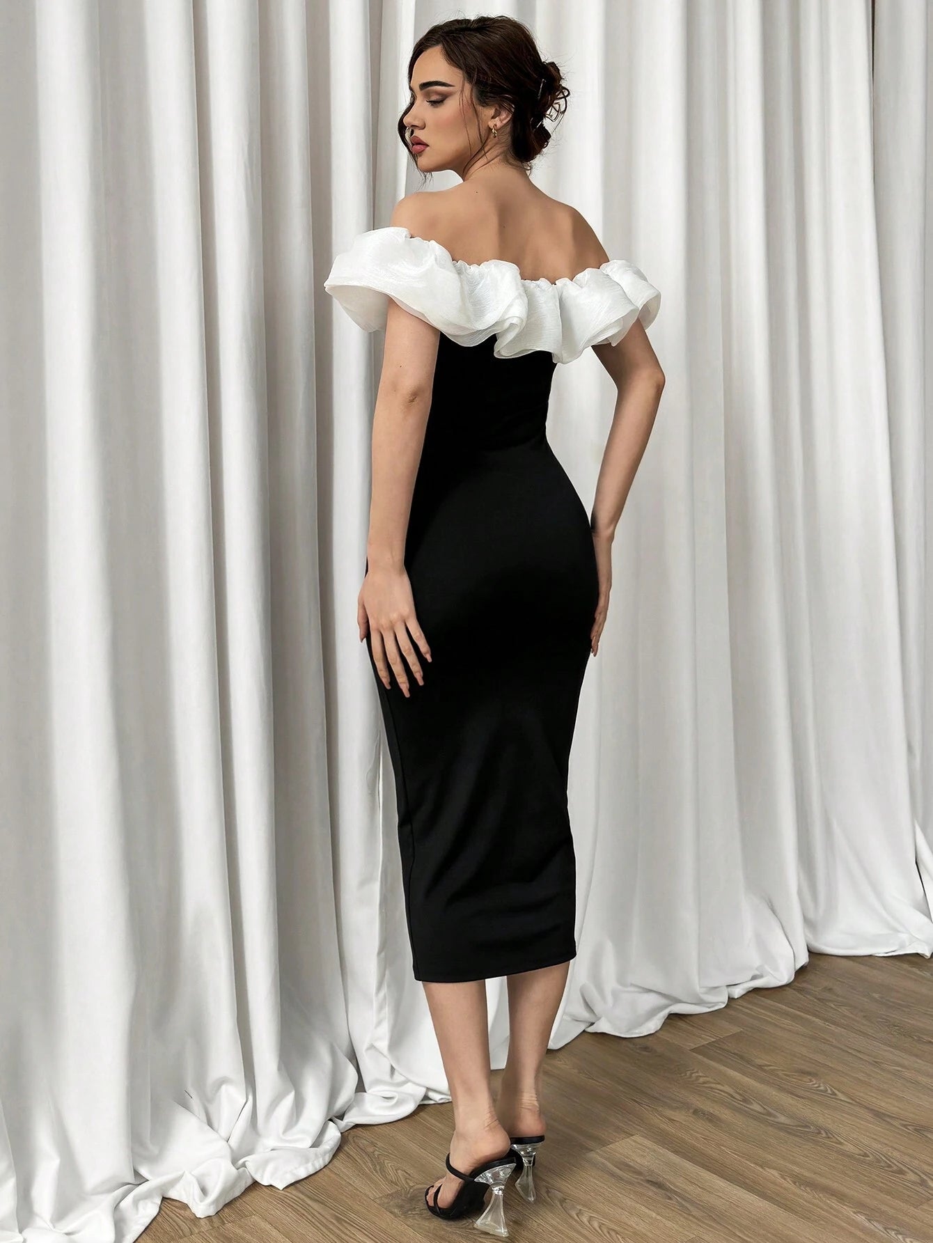 Elegant Fashionable Black And White Contrast Color Off Shoulder Ruffled Organza Spliced Slim Long Dress shein
