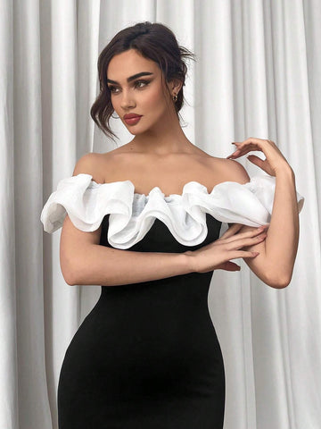 Elegant Fashionable Black And White Contrast Color Off Shoulder Ruffled Organza Spliced Slim Long Dress