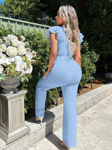 SXY Ruffle Trim Flare Leg Jumpsuit shein