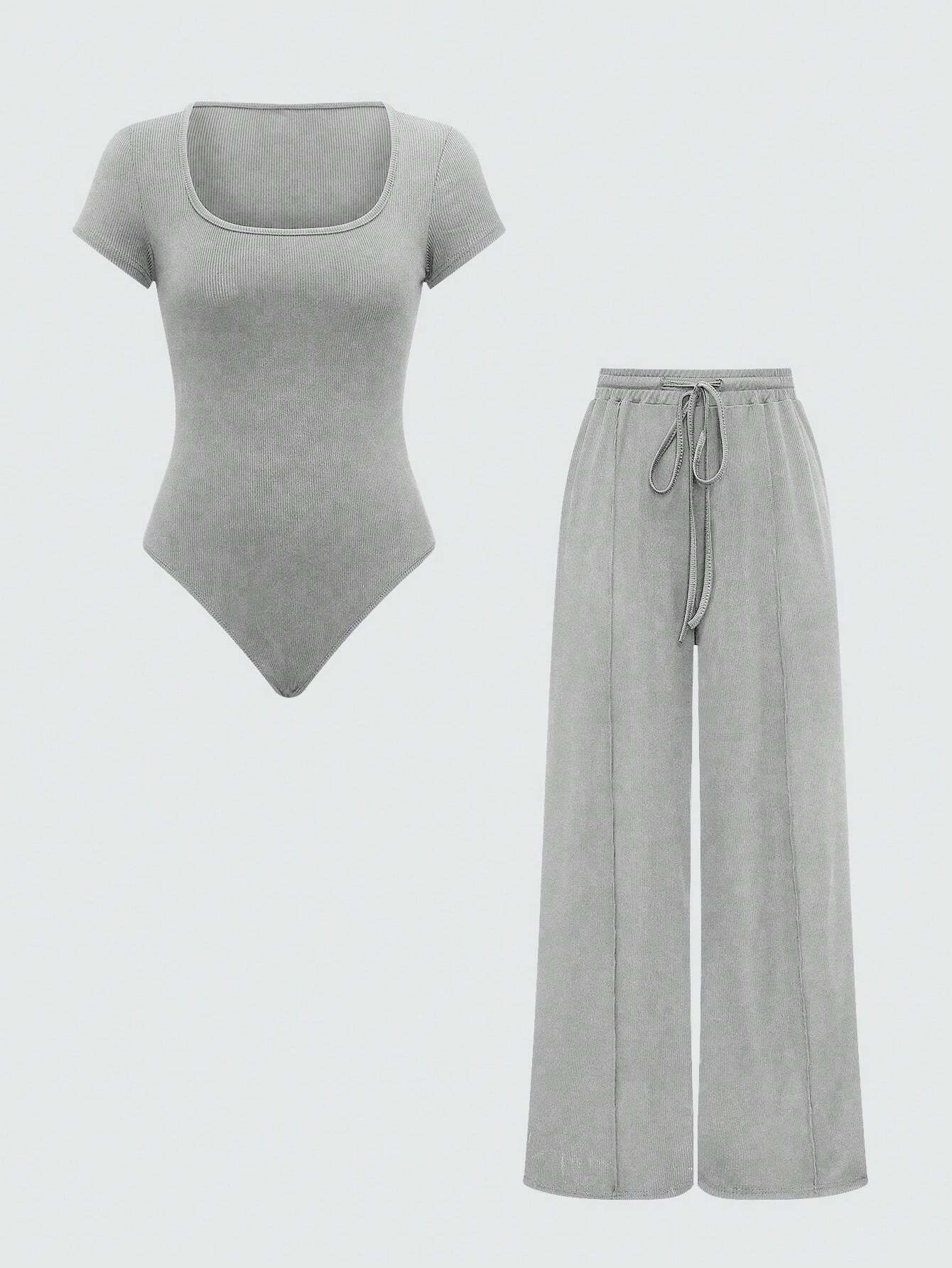 EZwear Plain Color Asymmetric Hem Top And Pants Two Piece Set shein