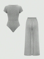 EZwear Plain Color Asymmetric Hem Top And Pants Two Piece Set shein