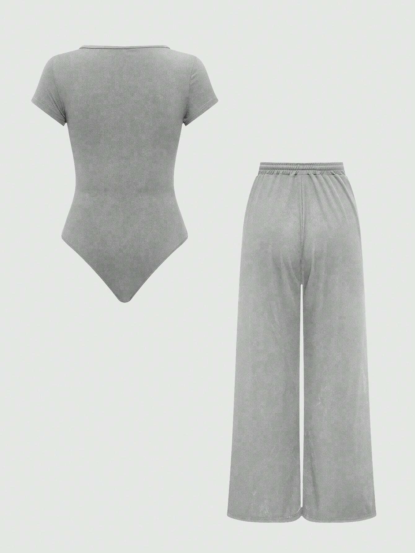 EZwear Plain Color Asymmetric Hem Top And Pants Two Piece Set shein