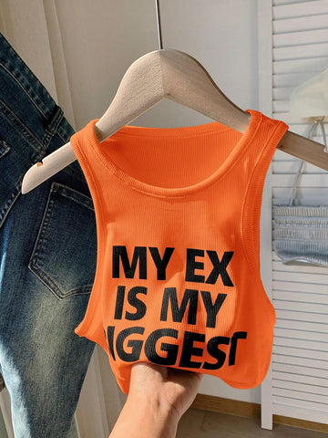 EZwear Women Fashion Sleeveless Tank Top With Printed Slogan shein